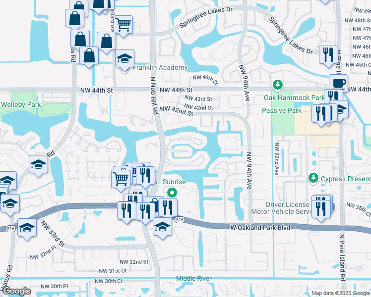 map of restaurants, bars, coffee shops, grocery stores, and more near 9966 Nob Hill Lane in Sunrise