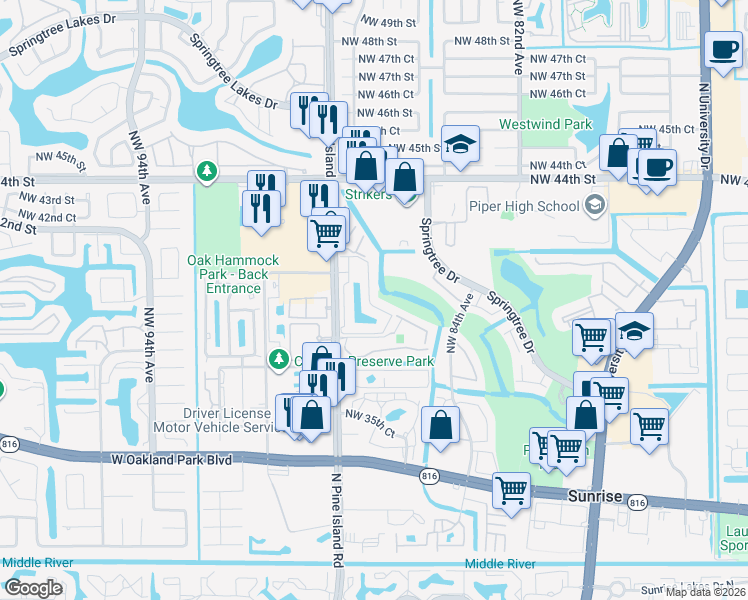 map of restaurants, bars, coffee shops, grocery stores, and more near 1705 Northwest 87th Avenue in Sunrise
