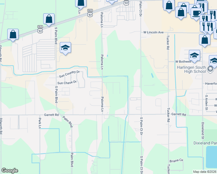 map of restaurants, bars, coffee shops, grocery stores, and more near 26471-26551 Paloma Lane in Harlingen