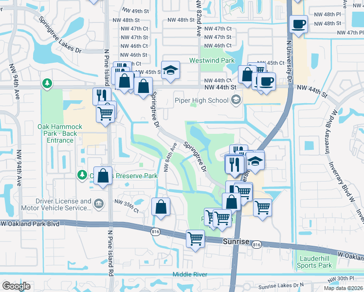 map of restaurants, bars, coffee shops, grocery stores, and more near 8405 Northwest 40th Court in Sunrise