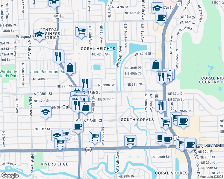 map of restaurants, bars, coffee shops, grocery stores, and more near 1576 Northeast 39th Street in Oakland Park