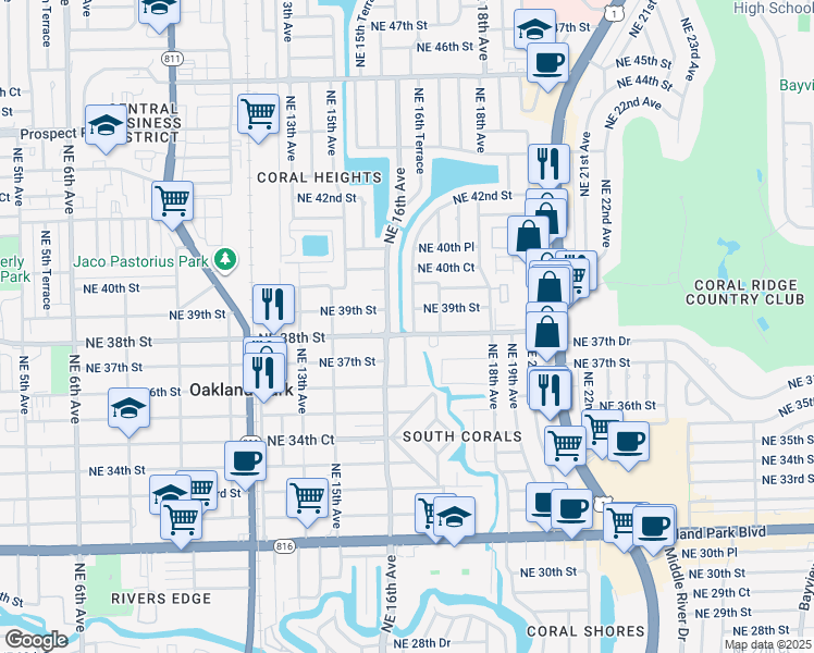map of restaurants, bars, coffee shops, grocery stores, and more near 3821 Northeast 16th Terrace in Oakland Park