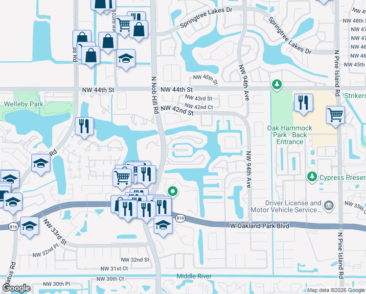 map of restaurants, bars, coffee shops, grocery stores, and more near 9966 Nob Hill Lane in Sunrise