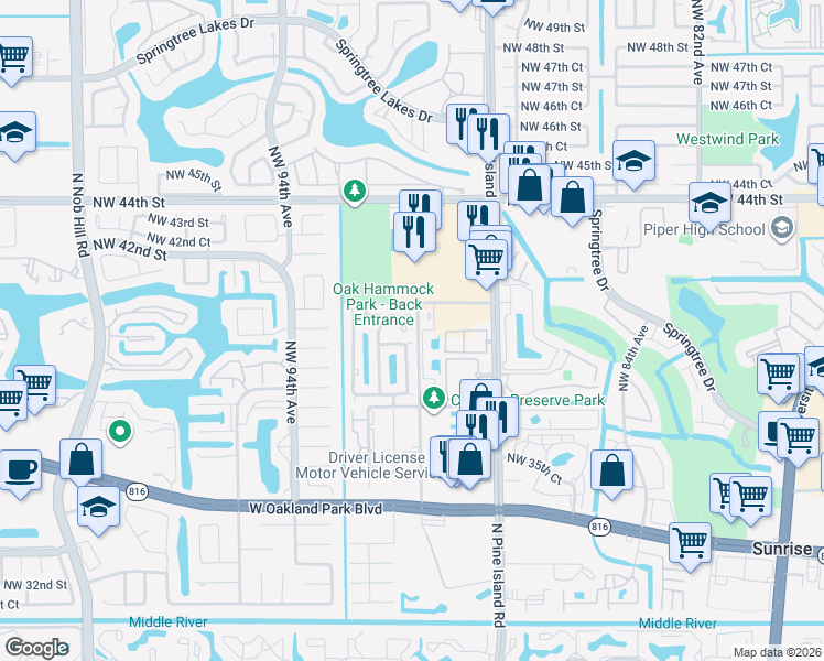 map of restaurants, bars, coffee shops, grocery stores, and more near 4080 Northwest 90th Way in Sunrise