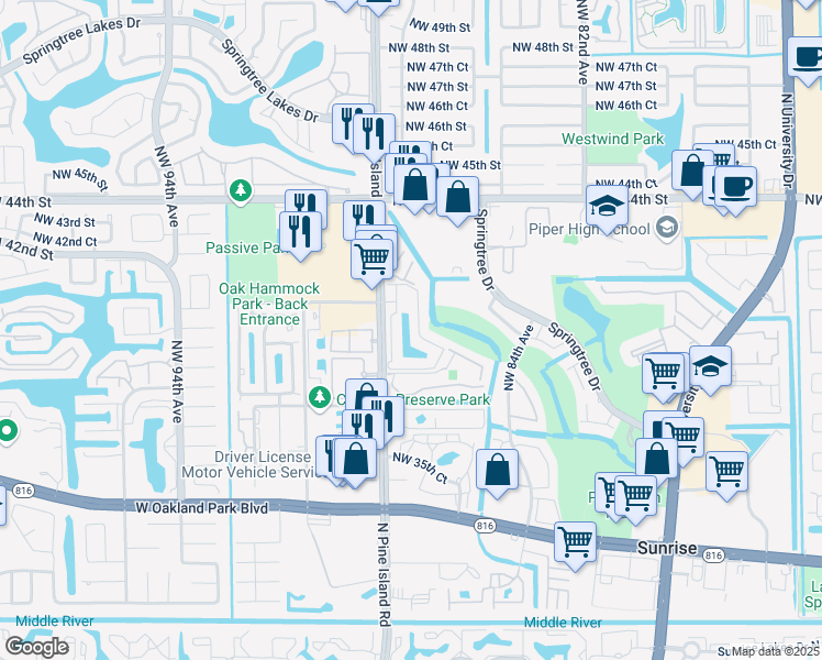 map of restaurants, bars, coffee shops, grocery stores, and more near 1705 Northwest 87th Avenue in Sunrise