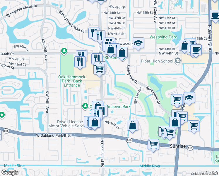 map of restaurants, bars, coffee shops, grocery stores, and more near 4086 Northwest 88th Avenue in Sunrise