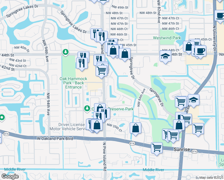 map of restaurants, bars, coffee shops, grocery stores, and more near 1705 Northwest 87th Avenue in Sunrise
