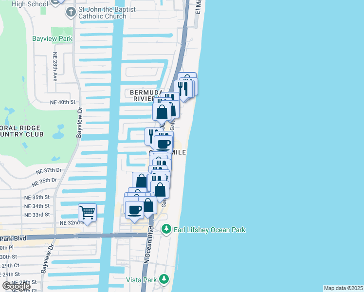 map of restaurants, bars, coffee shops, grocery stores, and more near 3850 Galt Ocean Drive in Fort Lauderdale