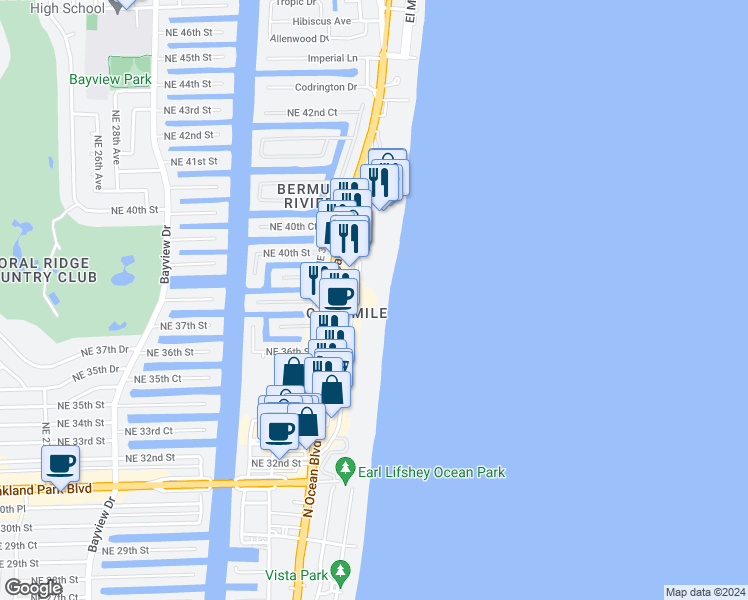 map of restaurants, bars, coffee shops, grocery stores, and more near 3850 Galt Ocean Drive in Fort Lauderdale