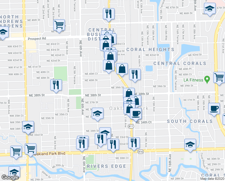 map of restaurants, bars, coffee shops, grocery stores, and more near 999 Northeast 39th Street in Oakland Park