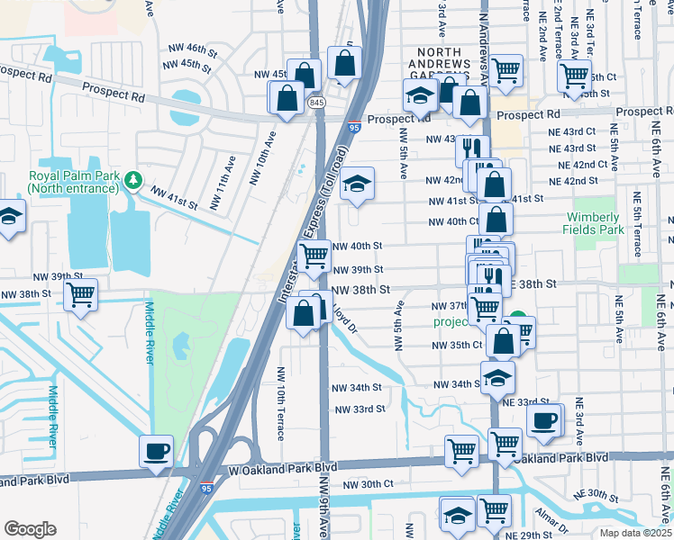 map of restaurants, bars, coffee shops, grocery stores, and more near 841 Northwest 39th Street in Oakland Park
