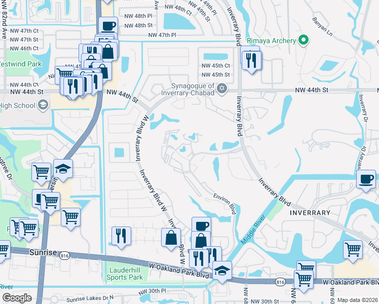 map of restaurants, bars, coffee shops, grocery stores, and more near 6901 Environ Boulevard in Lauderhill