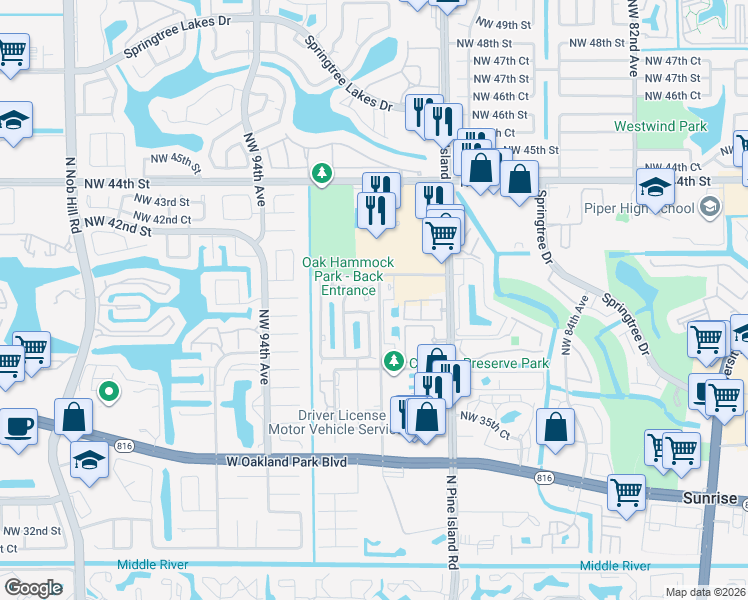 map of restaurants, bars, coffee shops, grocery stores, and more near 4080 Northwest 90th Way in Sunrise