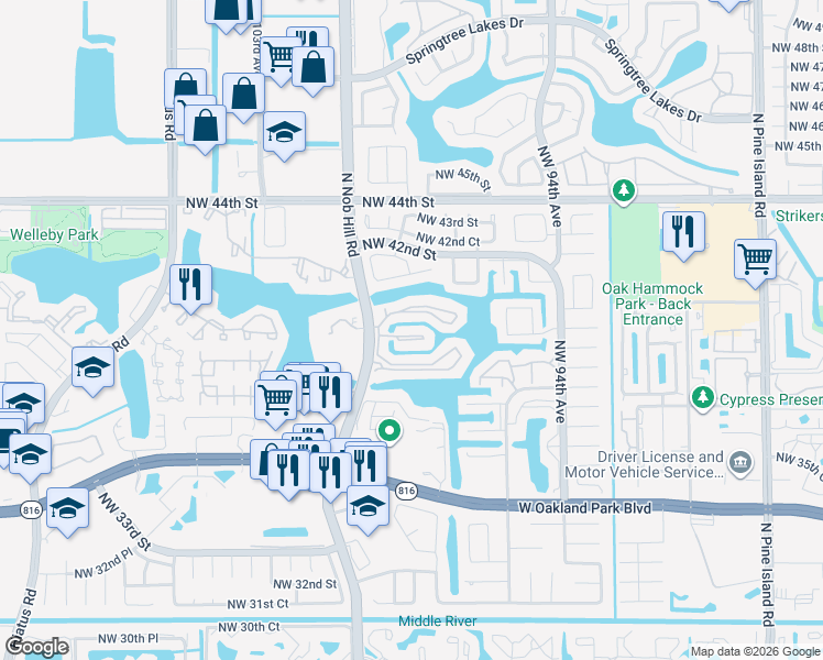 map of restaurants, bars, coffee shops, grocery stores, and more near 9966 Nob Hill Lane in Sunrise