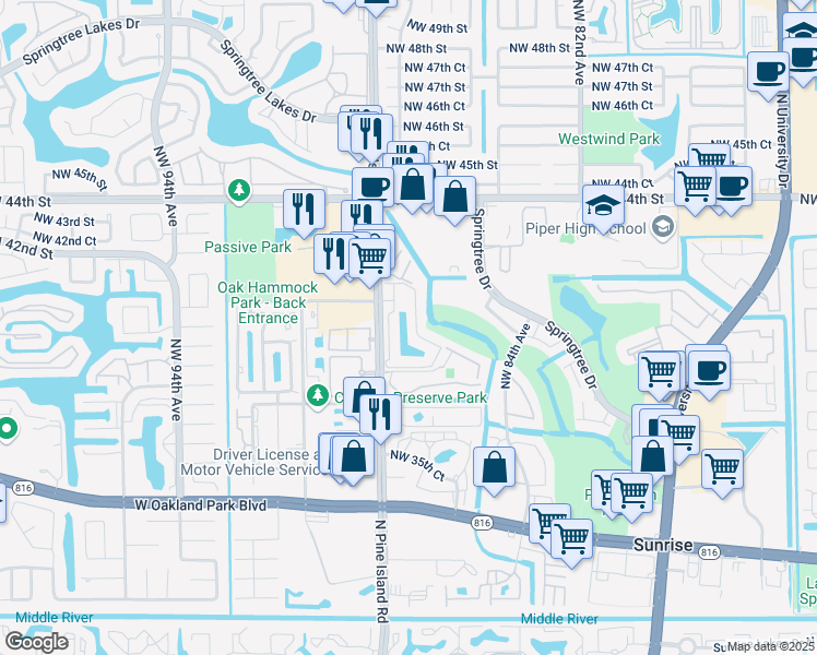 map of restaurants, bars, coffee shops, grocery stores, and more near 1705 Northwest 87th Avenue in Sunrise