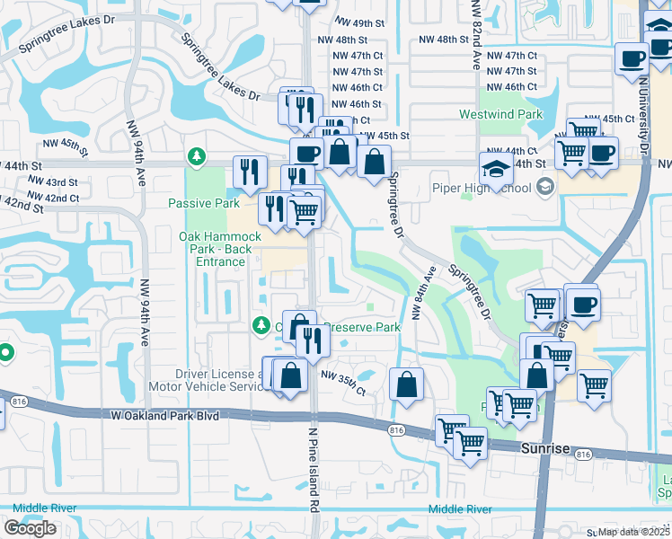 map of restaurants, bars, coffee shops, grocery stores, and more near 3980 Northwest 87th Avenue in Sunrise