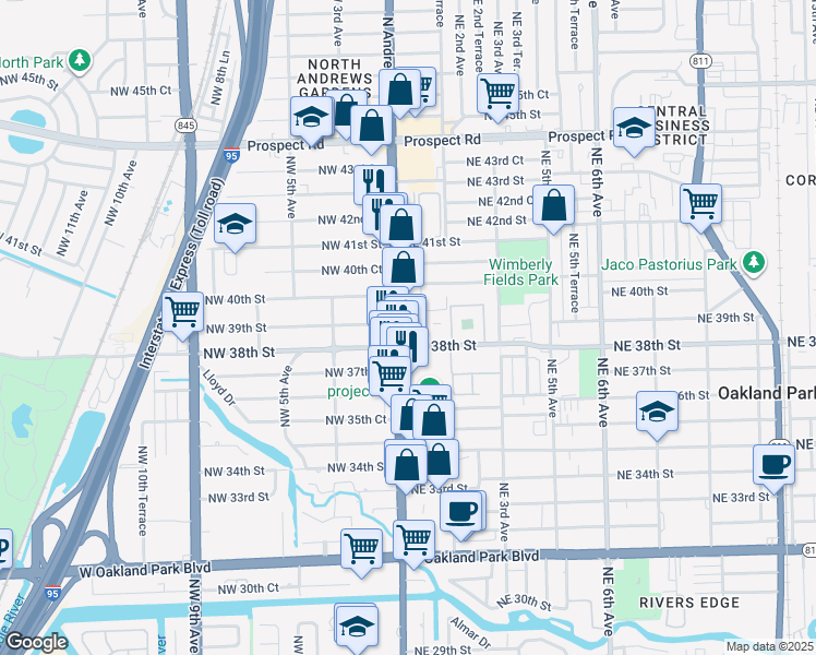 map of restaurants, bars, coffee shops, grocery stores, and more near 3890 North Andrews Avenue in Oakland Park