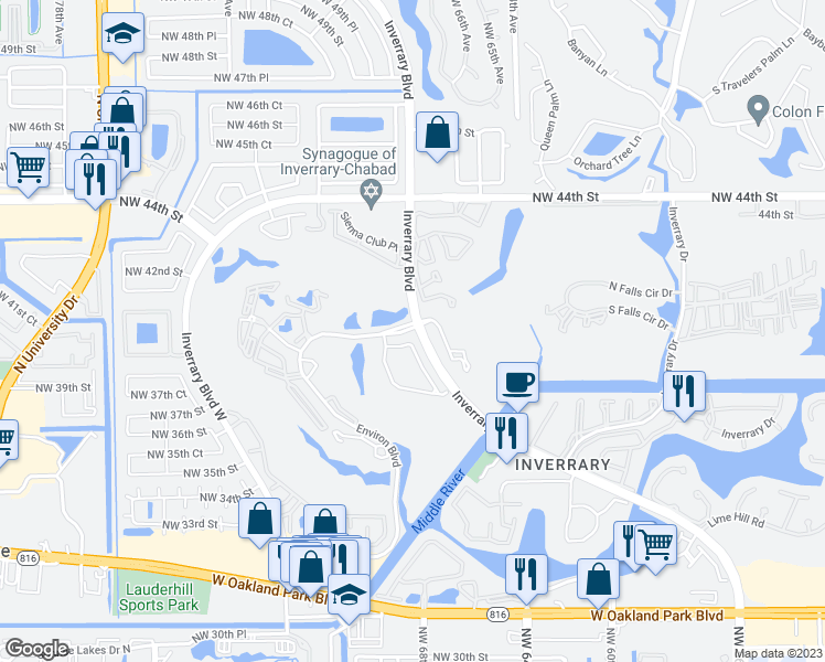 map of restaurants, bars, coffee shops, grocery stores, and more near 3900 Inverrary Boulevard in Lauderhill