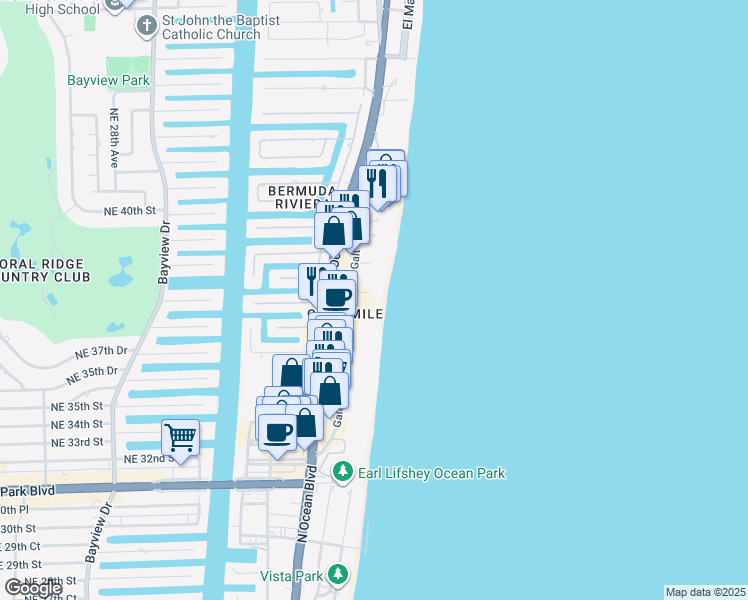 map of restaurants, bars, coffee shops, grocery stores, and more near 3850 Galt Ocean Drive in Fort Lauderdale