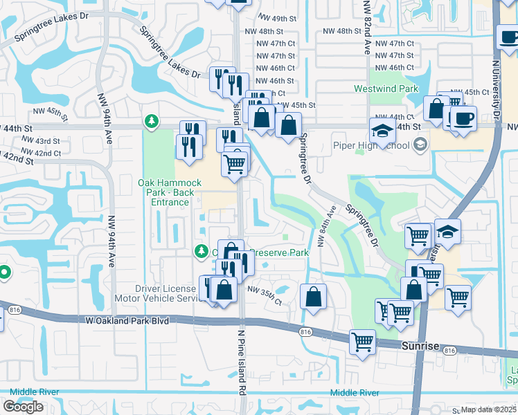 map of restaurants, bars, coffee shops, grocery stores, and more near 8771 Northwest 39th Street in Sunrise