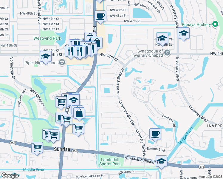 map of restaurants, bars, coffee shops, grocery stores, and more near 7360 Northwest 40th Street in Lauderhill