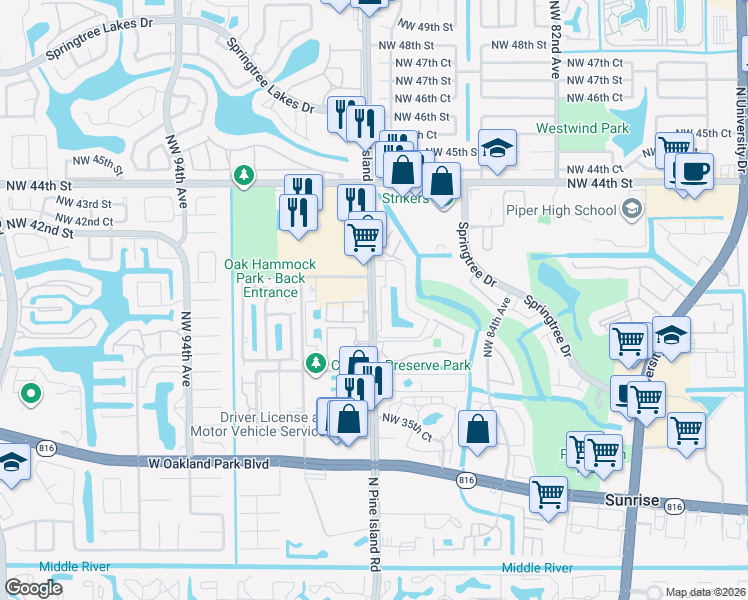 map of restaurants, bars, coffee shops, grocery stores, and more near 4086 North Pine Island Road in Sunrise