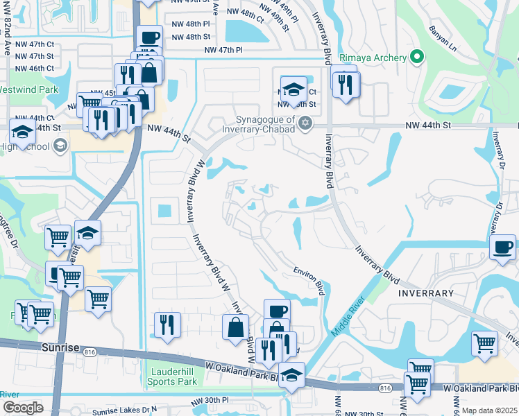 map of restaurants, bars, coffee shops, grocery stores, and more near 6901 Environ Boulevard in Lauderhill