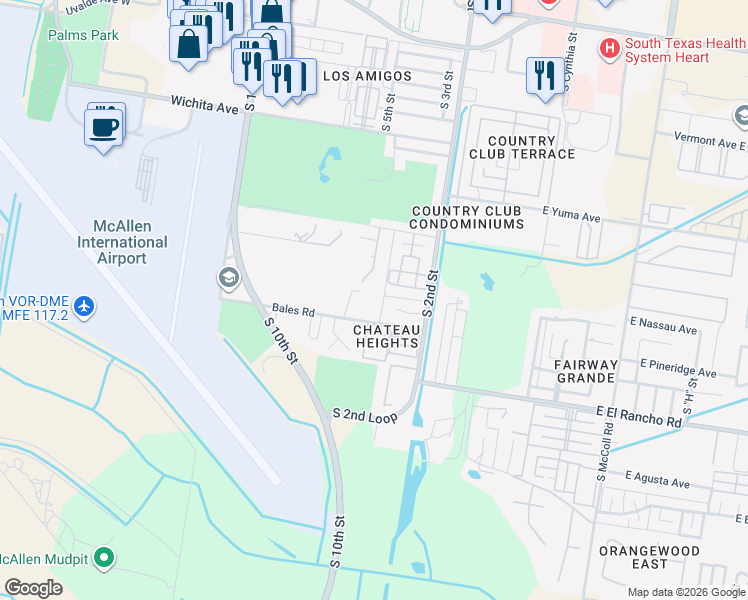 map of restaurants, bars, coffee shops, grocery stores, and more near 3001 Old Orchard Road in McAllen