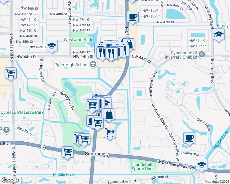 map of restaurants, bars, coffee shops, grocery stores, and more near 7727 Balboa Street in Sunrise
