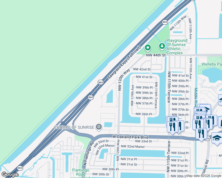 map of restaurants, bars, coffee shops, grocery stores, and more near 3864 Northwest 122nd Terrace in Sunrise
