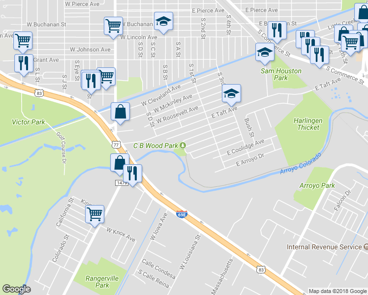 map of restaurants, bars, coffee shops, grocery stores, and more near Harding Avenue in Harlingen