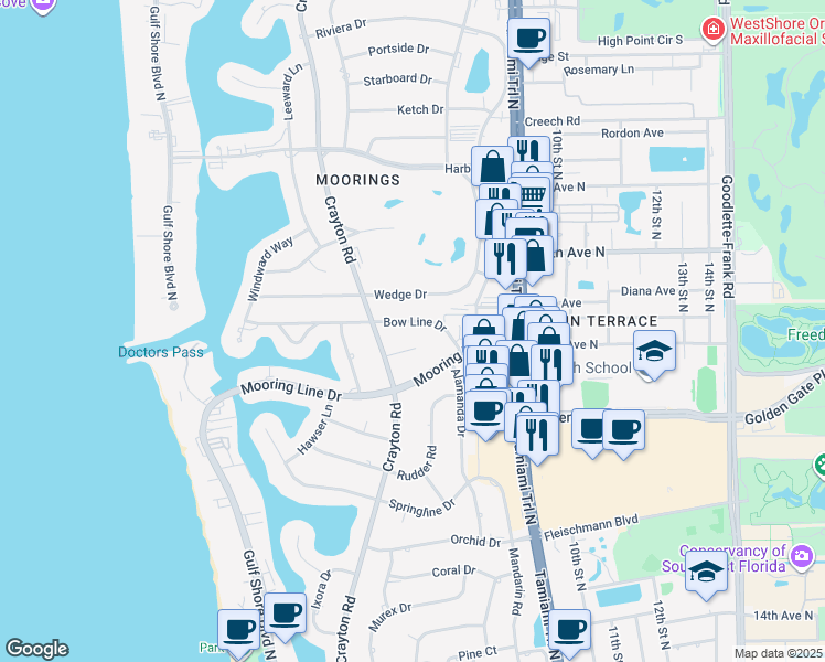 map of restaurants, bars, coffee shops, grocery stores, and more near 650 Bow Line Drive in Naples