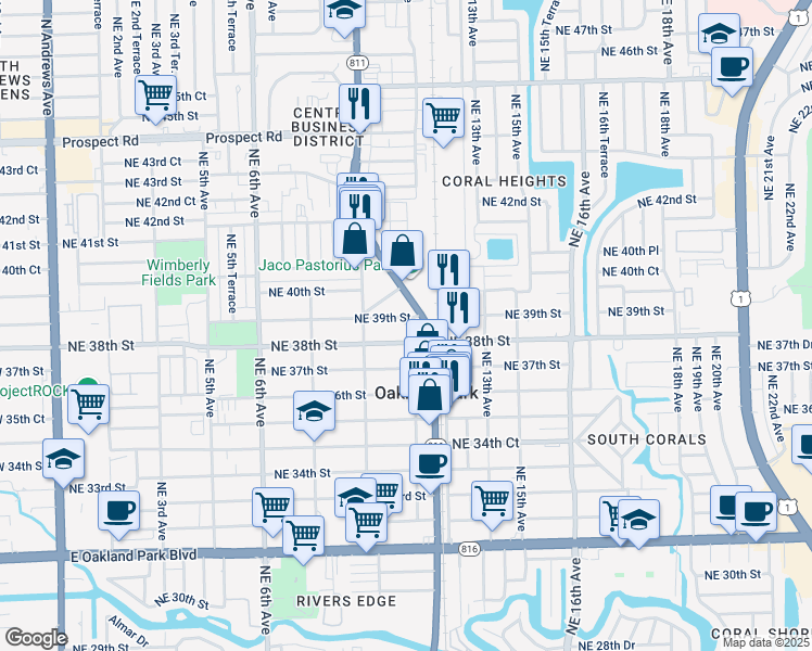 map of restaurants, bars, coffee shops, grocery stores, and more near 1078 Northeast 39th Street in Oakland Park