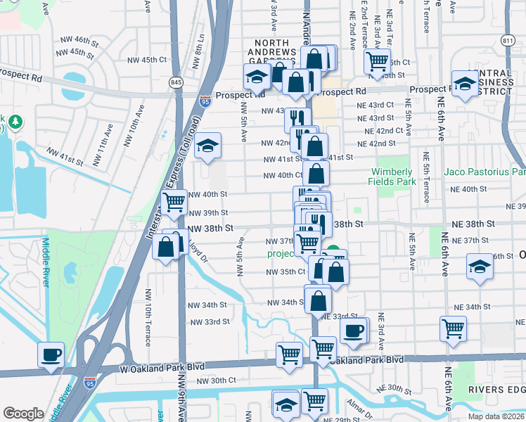map of restaurants, bars, coffee shops, grocery stores, and more near 3931 Northwest 3rd Avenue in Oakland Park