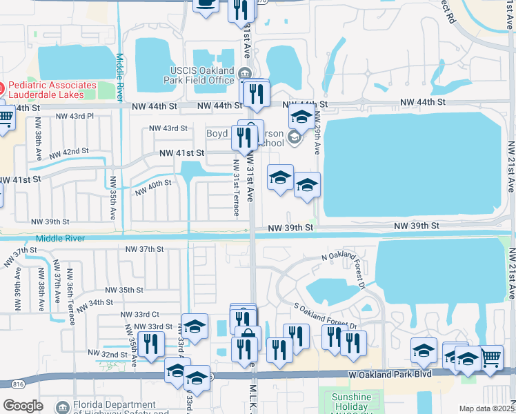 map of restaurants, bars, coffee shops, grocery stores, and more near 3951 Northwest 30th Terrace in Lauderdale Lakes