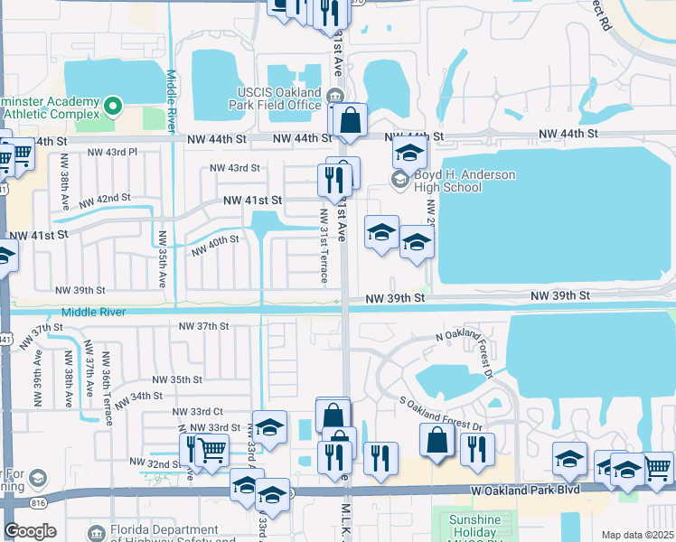 map of restaurants, bars, coffee shops, grocery stores, and more near 3951 Northwest 30th Terrace in Lauderdale Lakes