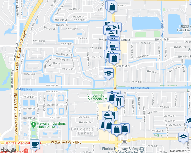 map of restaurants, bars, coffee shops, grocery stores, and more near 8 Northwest 42nd Avenue in Lauderdale Lakes