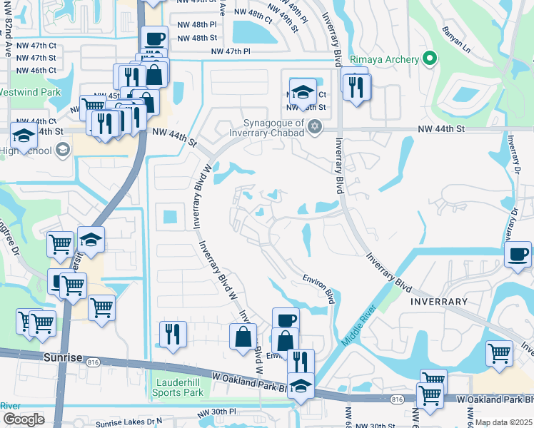 map of restaurants, bars, coffee shops, grocery stores, and more near 6901 Environ Boulevard in Lauderhill