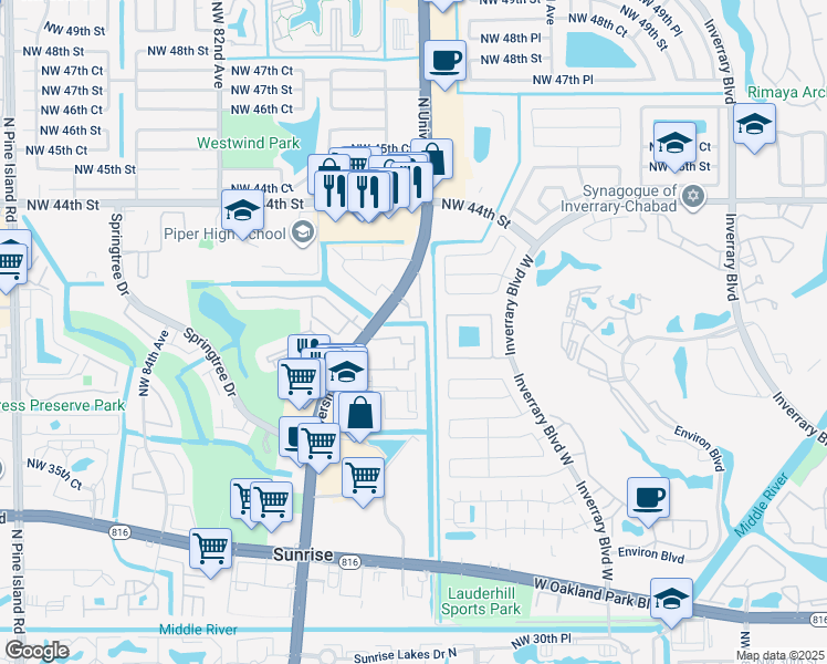 map of restaurants, bars, coffee shops, grocery stores, and more near 7727 Balboa Street in Sunrise