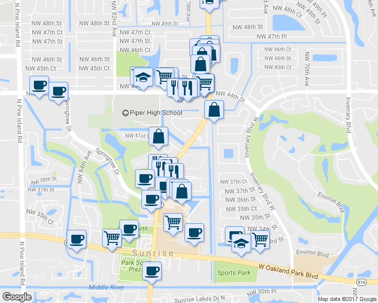 map of restaurants, bars, coffee shops, grocery stores, and more near 7727 Balboa Street in Sunrise