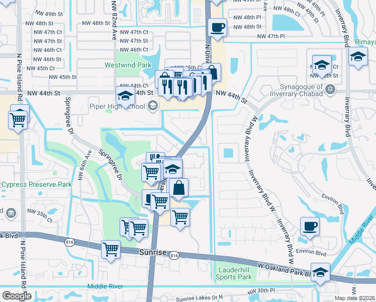 map of restaurants, bars, coffee shops, grocery stores, and more near 7727 Balboa Street in Sunrise
