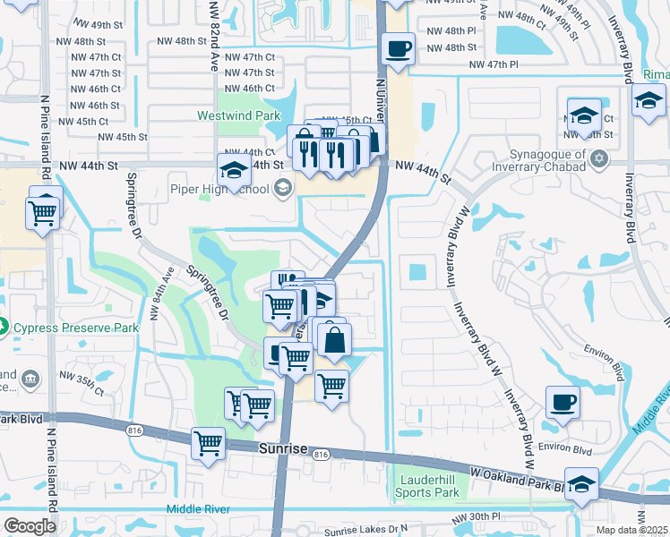 map of restaurants, bars, coffee shops, grocery stores, and more near 4124 Northwest 78th Avenue in Sunrise