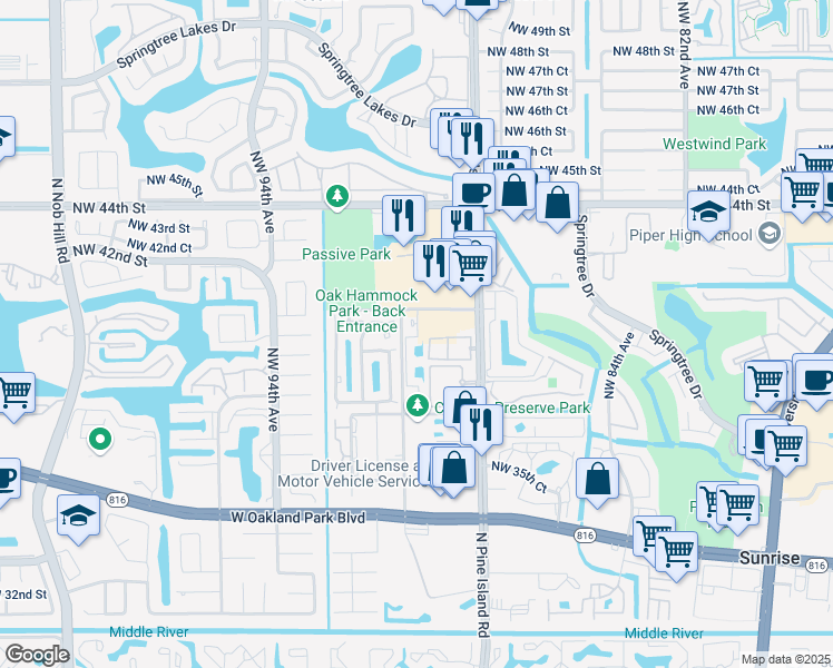 map of restaurants, bars, coffee shops, grocery stores, and more near 41 The Common in Sunrise
