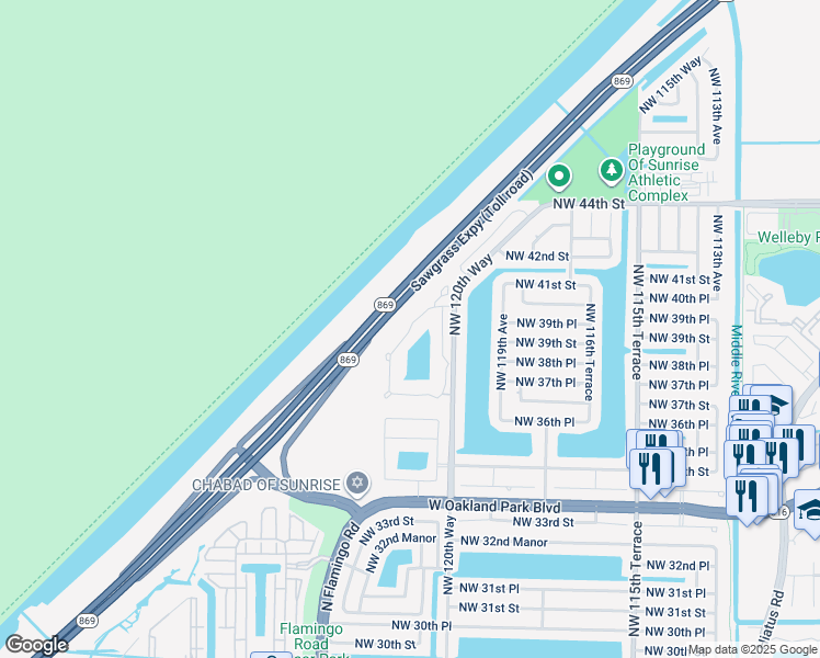 map of restaurants, bars, coffee shops, grocery stores, and more near 3845 Northwest 122nd Terrace in Sunrise