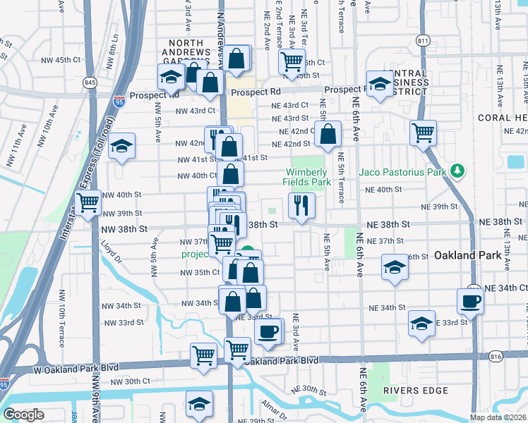 map of restaurants, bars, coffee shops, grocery stores, and more near 241 Northeast 38th Street in Oakland Park