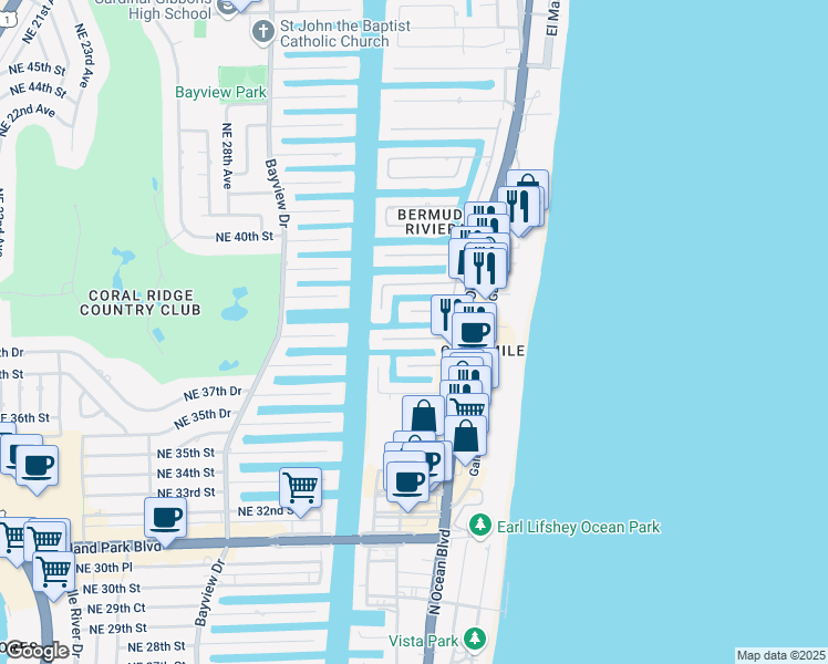 map of restaurants, bars, coffee shops, grocery stores, and more near 3317 Northeast 38th Street in Fort Lauderdale