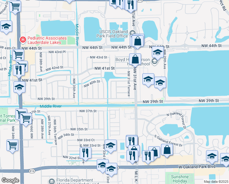 map of restaurants, bars, coffee shops, grocery stores, and more near 3951 Northwest 32nd Avenue in Lauderdale Lakes