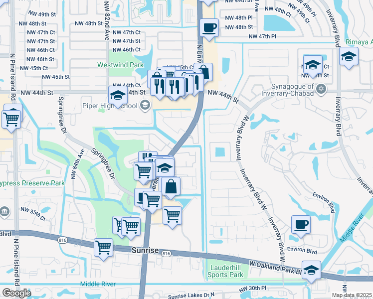 map of restaurants, bars, coffee shops, grocery stores, and more near 7727 Balboa Street in Sunrise