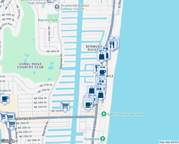map of restaurants, bars, coffee shops, grocery stores, and more near 3317 Northeast 38th Street in Fort Lauderdale