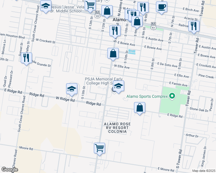 map of restaurants, bars, coffee shops, grocery stores, and more near 800 South Alamo Road in Alamo